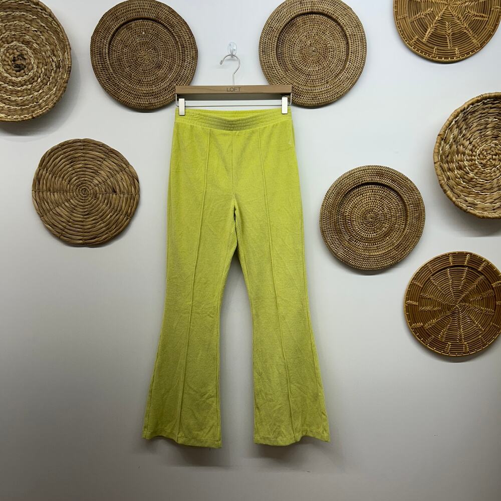 Aerie Ribbed Flare Pants Small Wide Leg Lime Green Pull On Loungewear Hippie